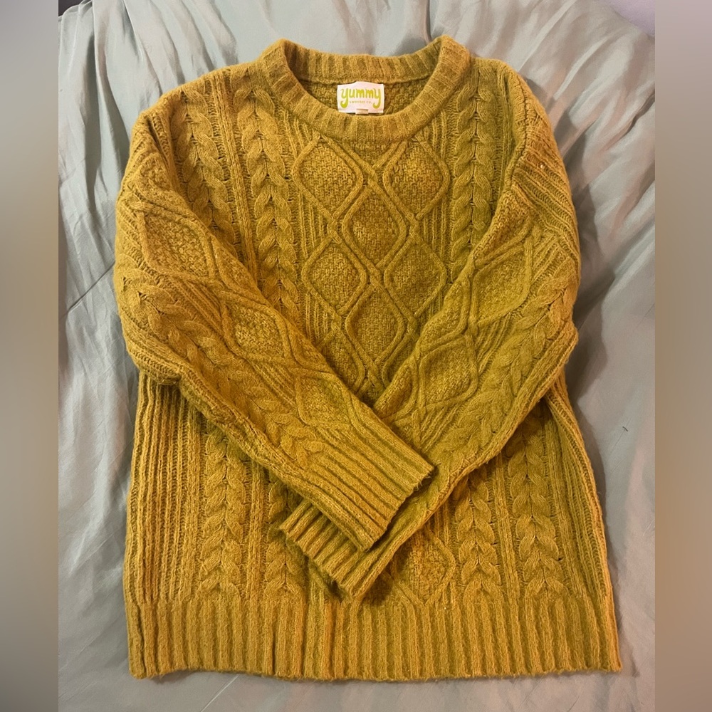 Oversized yellow-green fuzzy knit sweater